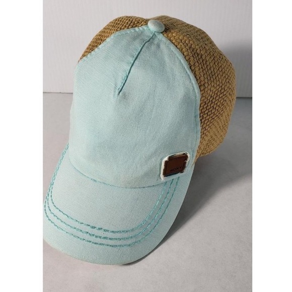 Roxy Straw Baseball Cap Adjustable Back Tan Blue Beach Sun Hat - Picture 2 of 8